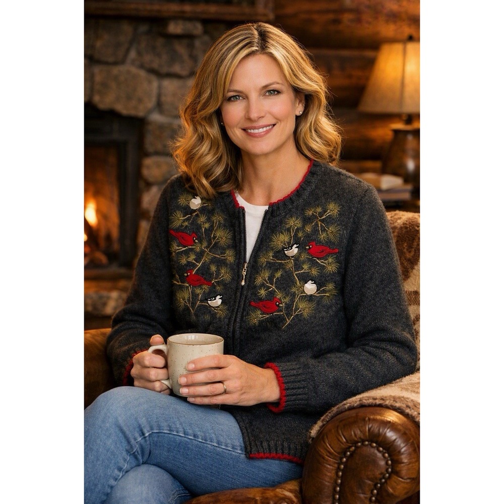Gray Zip Cardigan Medium Birds Pine Embroidery Cabin Cozy Croft & Barrow